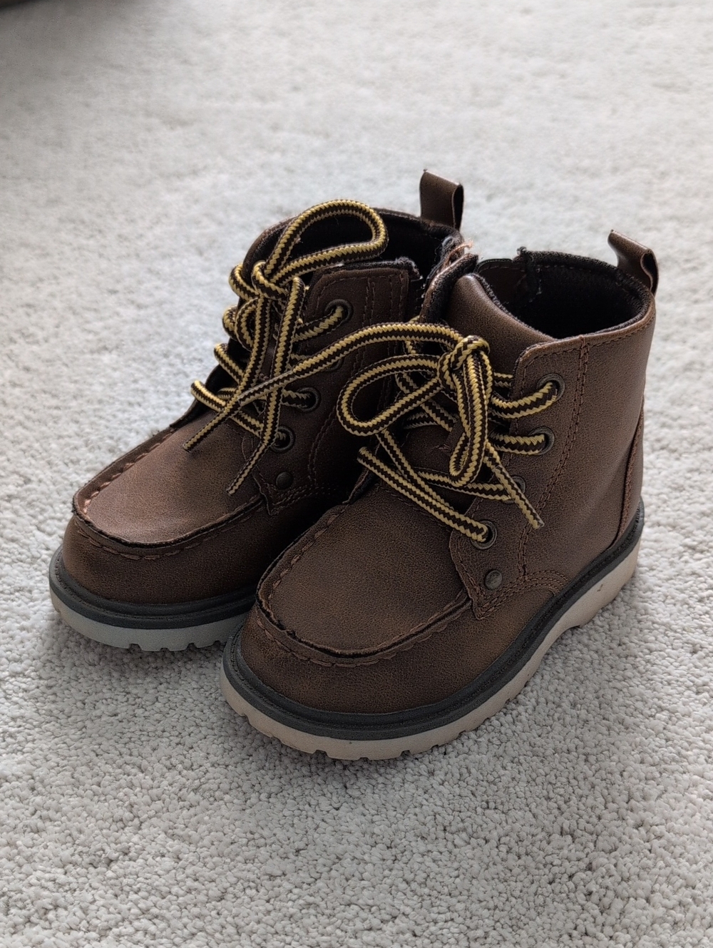 Perry Ellis Brown Toddler Lace-Up Moc Toe Boots with Yellow-Accent Laces